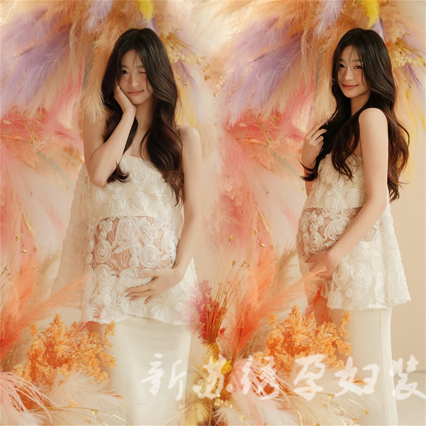 孕妇影楼新款写真主题法式油画风蕾丝连衣裙大肚照艺术摄影拍照服