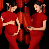 影楼主题孕妇服装 红色针织旗袍孕妈咪摄影拍照服装 新款 复古新中式