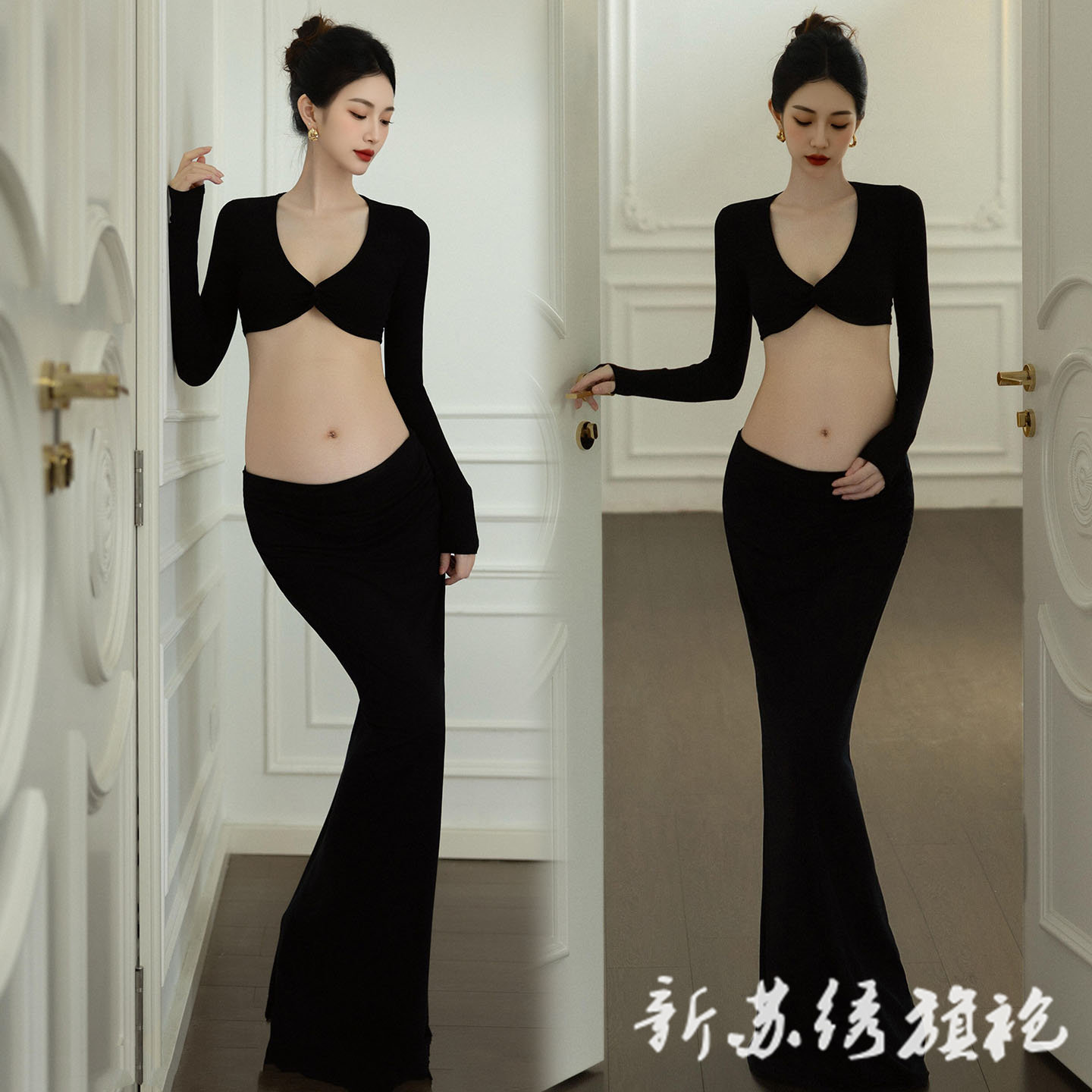 依媚坊孕妇写真法式黑色连衣裙