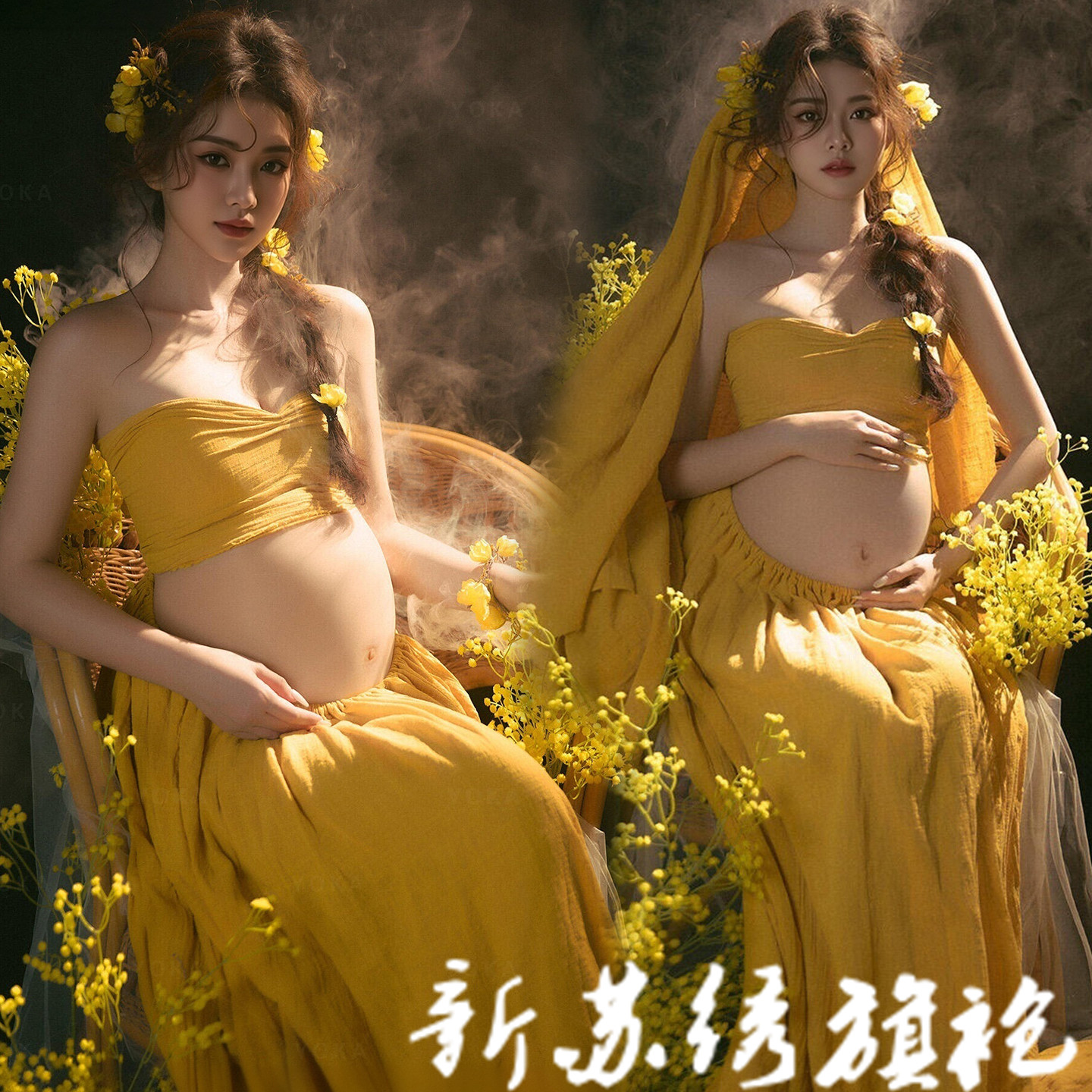 金色抹胸孕妇摄影服油画风