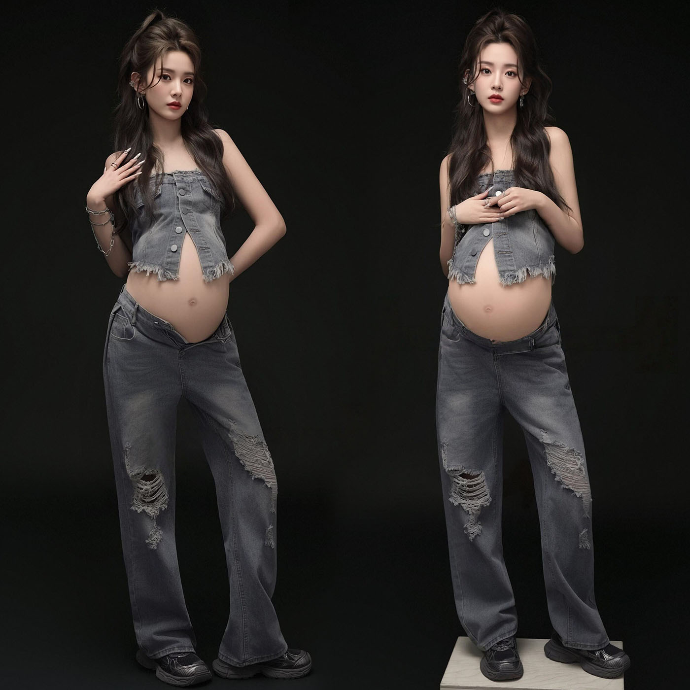 依媚坊孕妇写真甜酷牛仔套装
