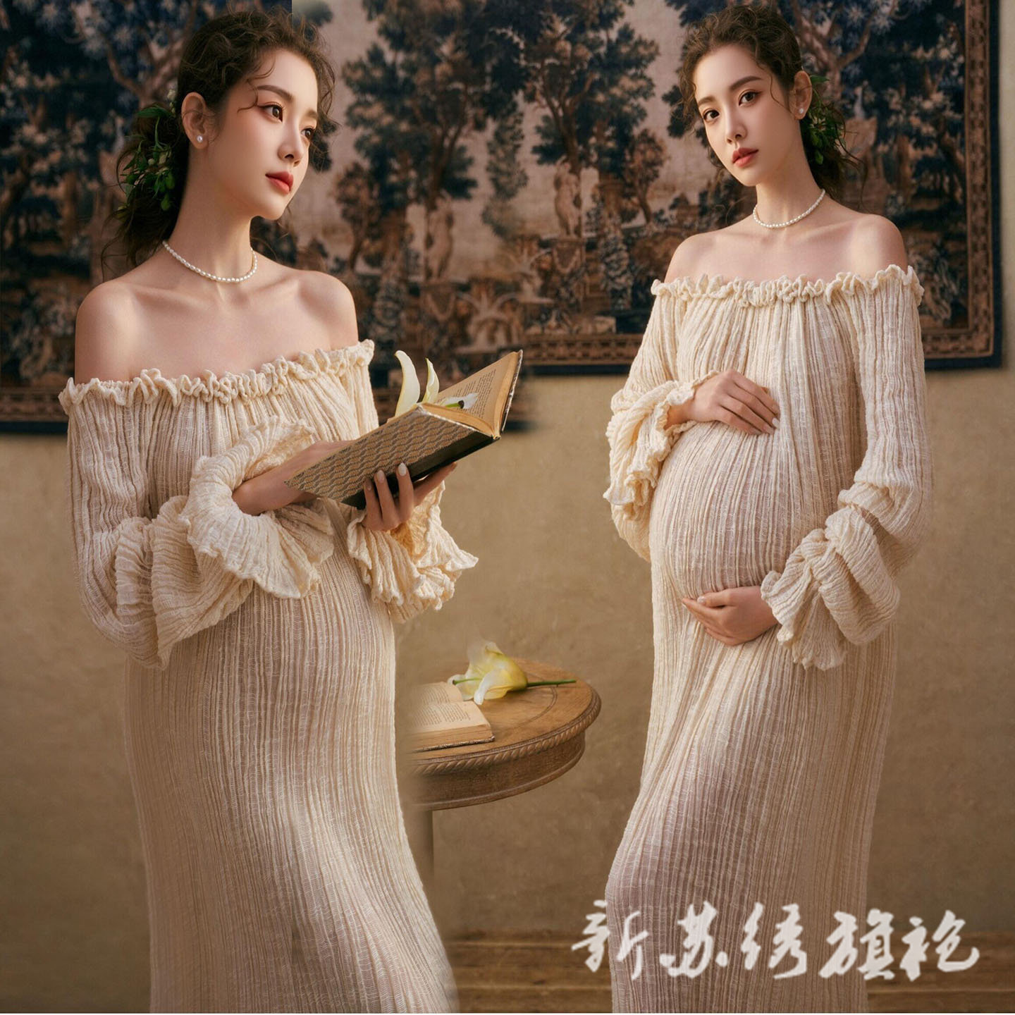 依媚坊孕妇写真法式复古连衣裙