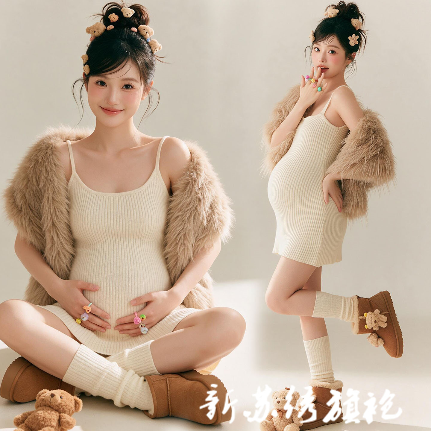 甜美针织吊带孕妇写真套装