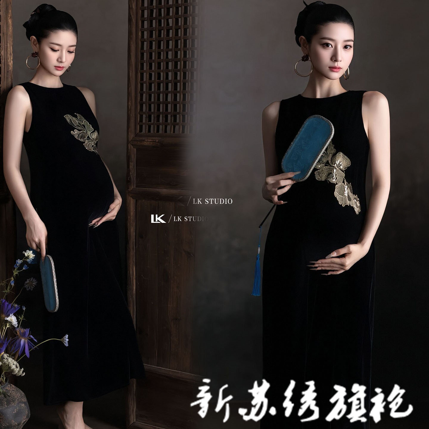 新中式刺绣无袖孕妈大肚照连衣裙