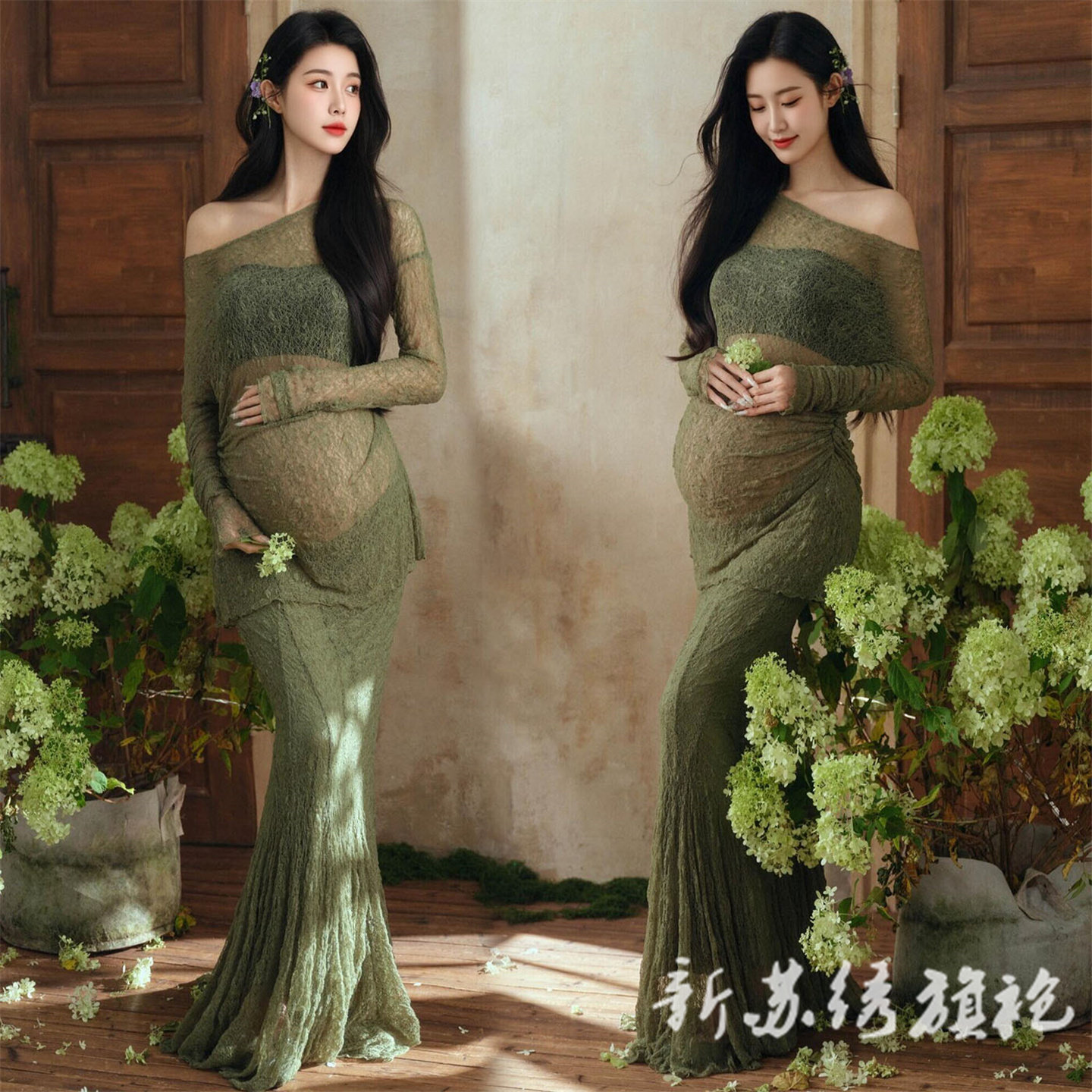 依媚坊孕妇写真复古甜美绿连衣裙