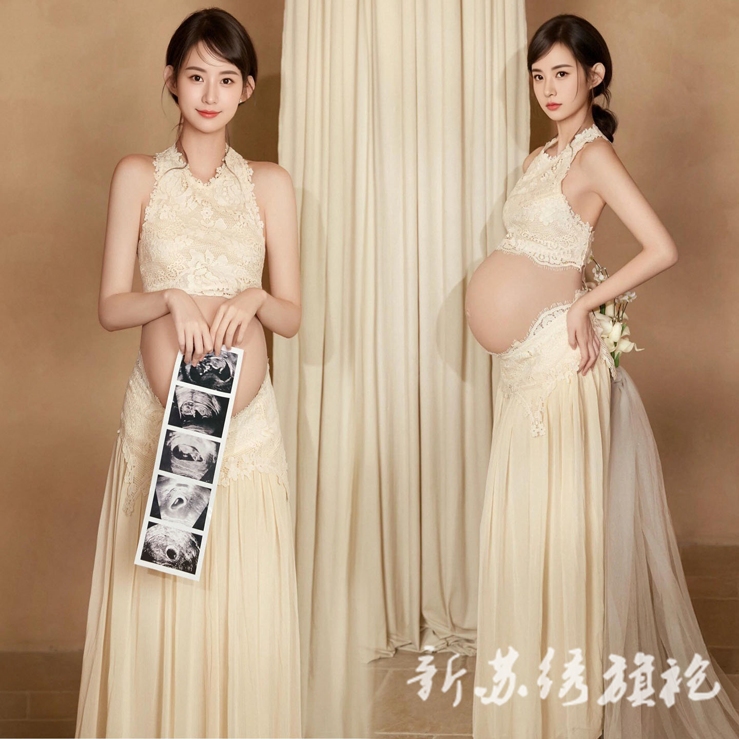 依媚坊孕妇写真法式蕾丝连衣裙