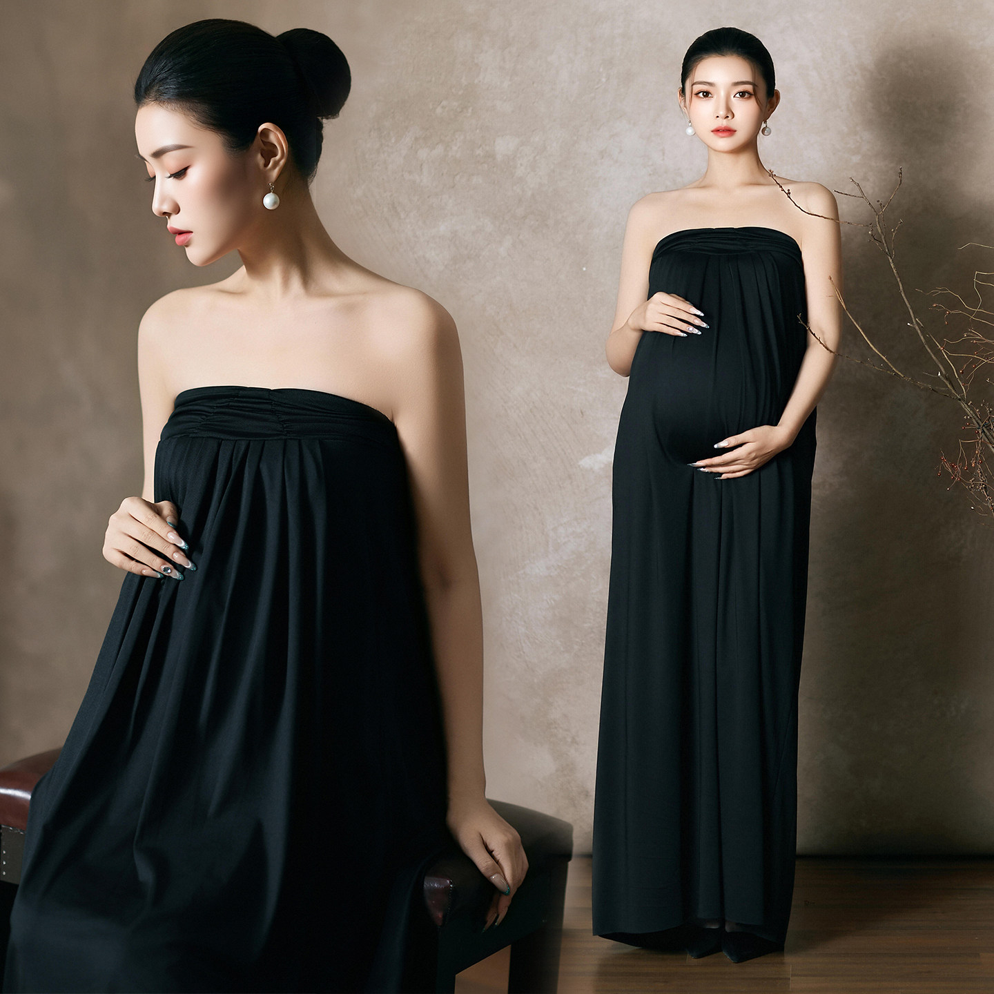 孕妇照服装黑色抹胸长裙