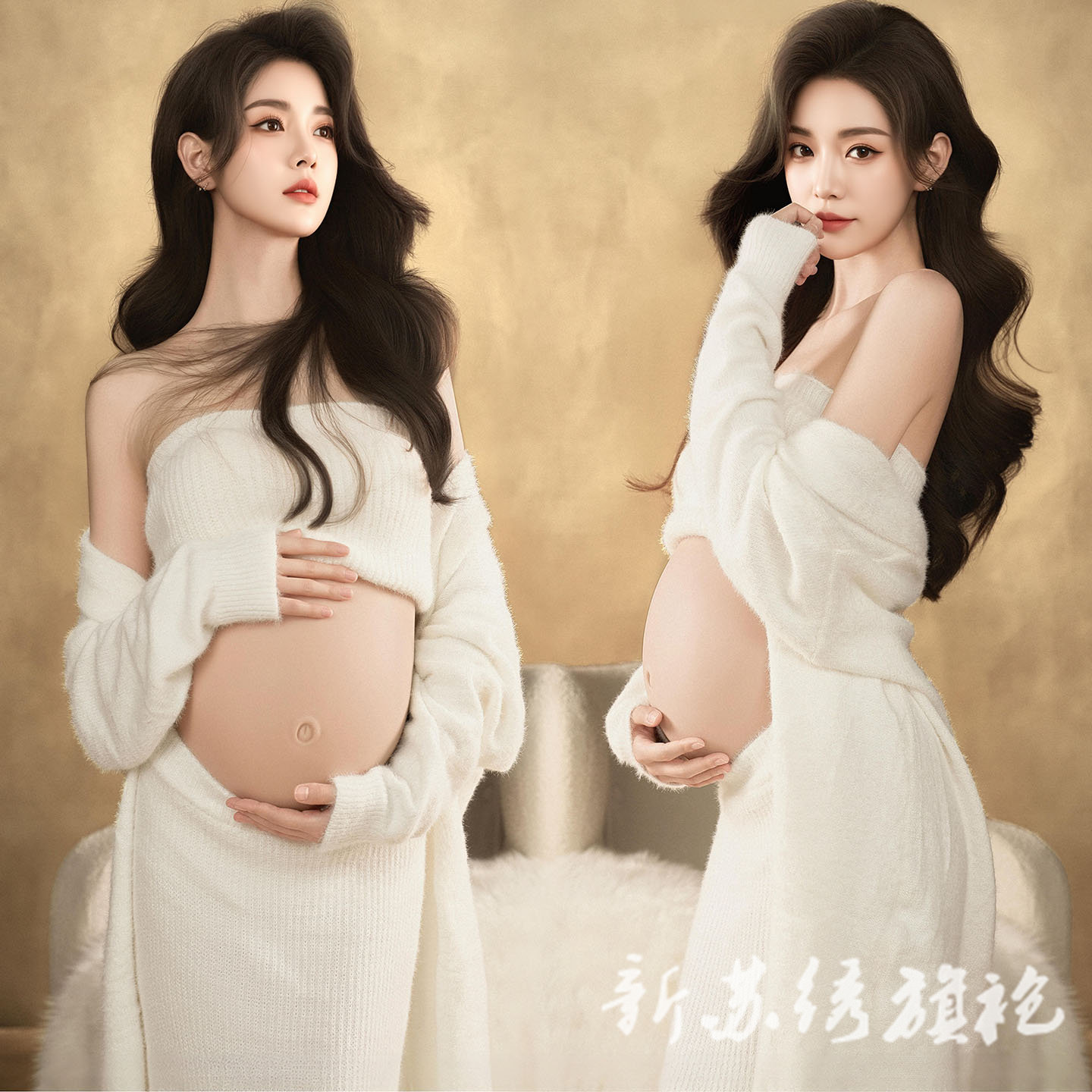 依媚坊孕妇写真法式白色针织裙