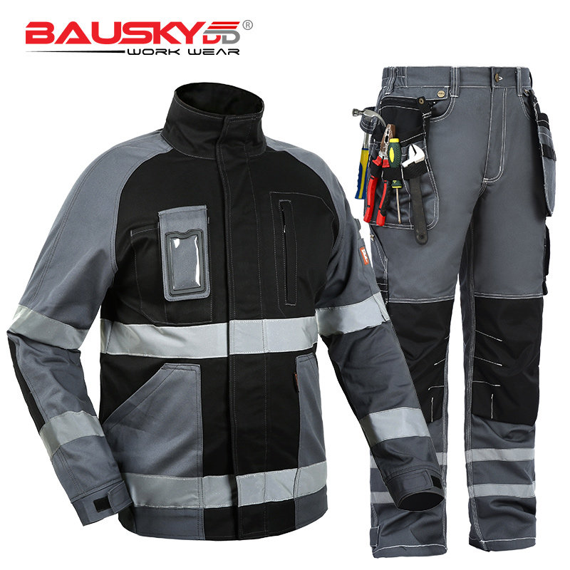 BAUSKYDD SWEDEN BAUSKY BLACK GRAY STITCHING MULTI-POCKET PROTECTIVE REFLECTIVE STRIP COTTON OUTDOOR AUTO REPAIR TOOLING SUIT