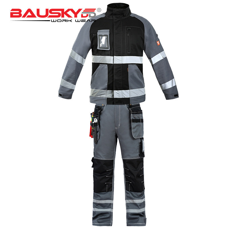 BAUSKYDD SWEDEN BAUSKY BLACK GRAY STITCHING MULTI-POCKET PROTECTIVE REFLECTIVE STRIP COTTON OUTDOOR AUTO REPAIR TOOLING SUIT