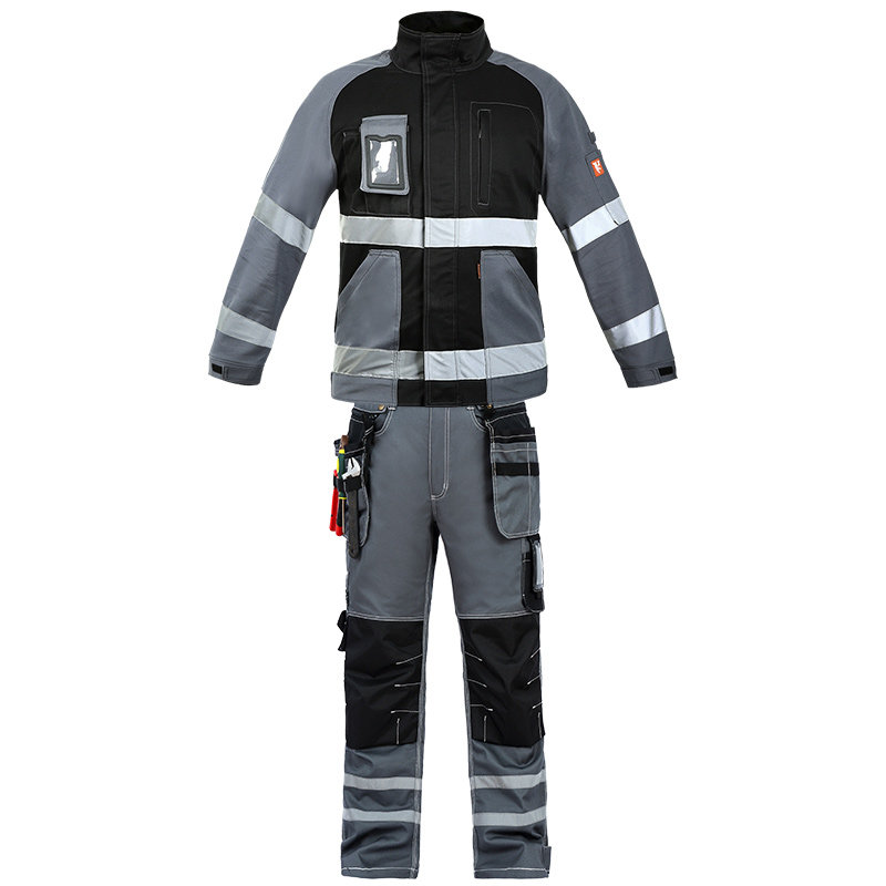 BAUSKYDD SWEDEN BAUSKY BLACK GRAY STITCHING MULTI-POCKET PROTECTIVE REFLECTIVE STRIP COTTON OUTDOOR AUTO REPAIR TOOLING SUIT