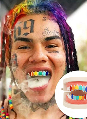 6ix9ine同款万圣节彩色金牙齿 嘻哈牙套彩色镀金hiphopGrillz金牙