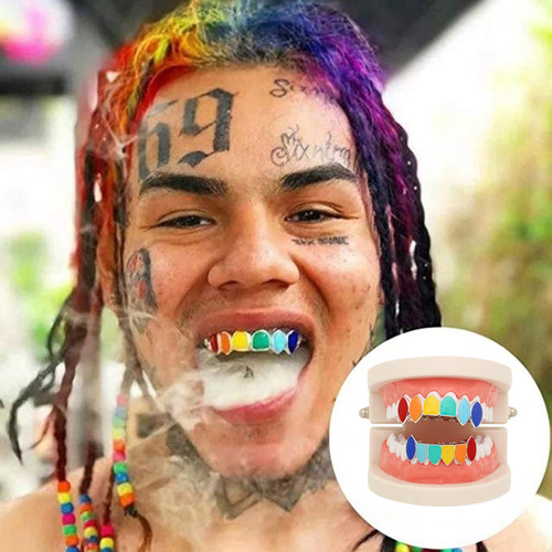 6ix9ine同款万圣节彩色金牙齿 嘻哈牙套彩色镀金hiphopGrillz金牙
