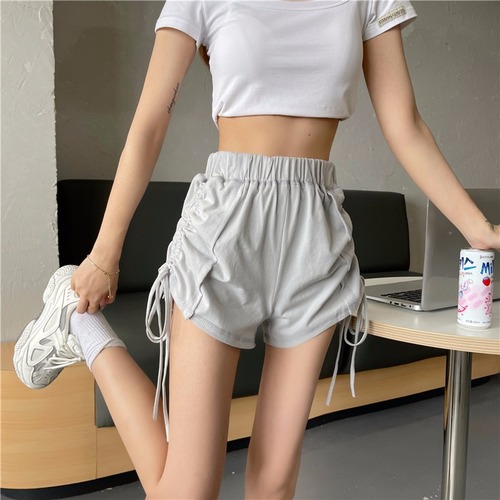 Real shooting 2022 new cotton open thread shorts women's drawstring summer wear design sense of spice girl high waist