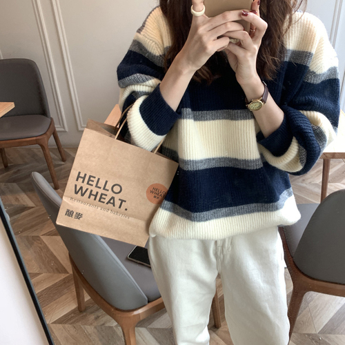 Pullover striped sweater women wear out in autumn and winter 2021 New Knitted Top loose lazy coat sweater