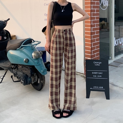 2684 live shooting 2022 spring and summer leisure plaid pants new loose and versatile straight leg wide leg pants suit pants