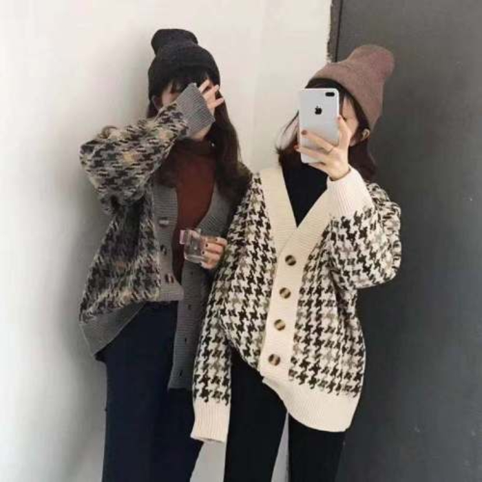 Autumn Korean retro collar thousand bird pattern thickened knitwear coat medium length long sleeve sweater cardigan woman