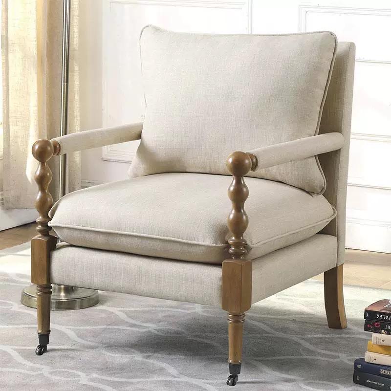 美式乡村实木沙发椅单人休闲布艺老虎椅北欧简约复古圆珠椅懒人椅