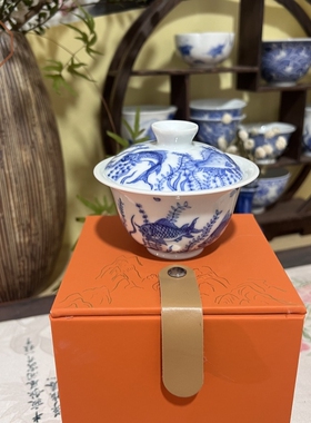 定制釉下纯手工手绘青花鱼藻纹2才盖碗仿古中式泡茶器景德镇茶具