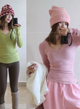 HIPOWER运动T恤健身加绒V领保暖加厚休闲弹力瑜伽上衣女打底中长