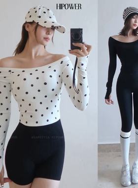 HIPOWER可拆卸胸垫中高强度速干运动T恤一字肩健身跑步长袖波点