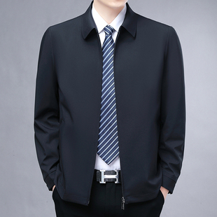 高端翻领男士外套春秋季商务休闲老干部爸爸装纯色立领夹克衫上衣