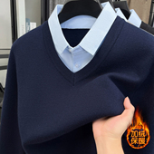 毛衣打底衫 低V领二合一厚款 领针织假两件衬衣秋冬季 加绒保暖衬衫