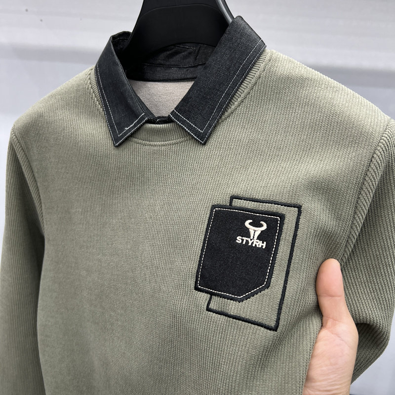 衬衫领毛衣男假两件冬季加绒加厚圆领针织衫韩版青年一体绒打底衫