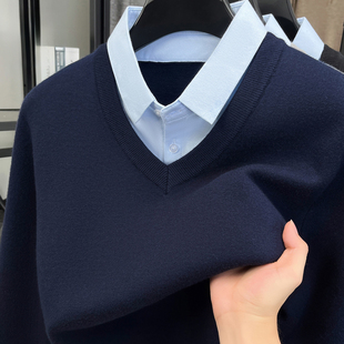 2025新款男士长袖衬衫领假两件春秋款商务休闲舒适保暖针织衫打底