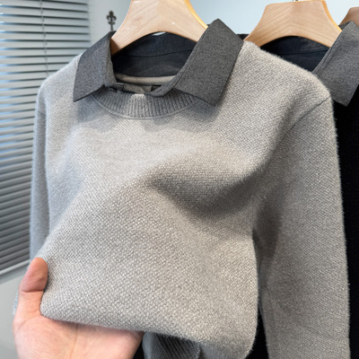 雪尼尔假两件衬衫领毛衣男款加绒加厚冬季青年纯色针织衫男装内搭