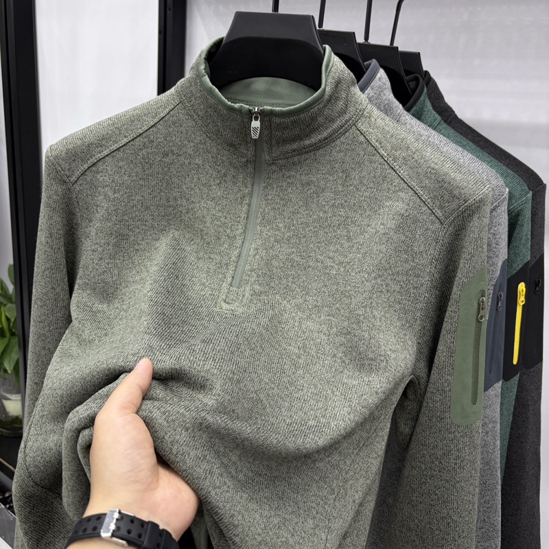 男士加绒卫衣半拉链秋冬季针织保暖立领外套男休闲一体绒内搭长袖