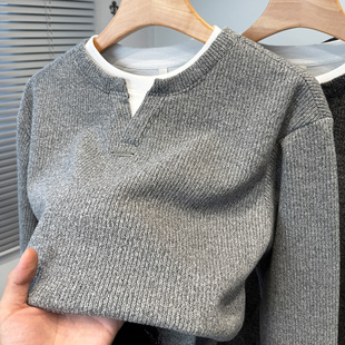 双层领假两件卫衣男加绒加厚韩版 套头内搭上衣服 休闲针织t恤男装