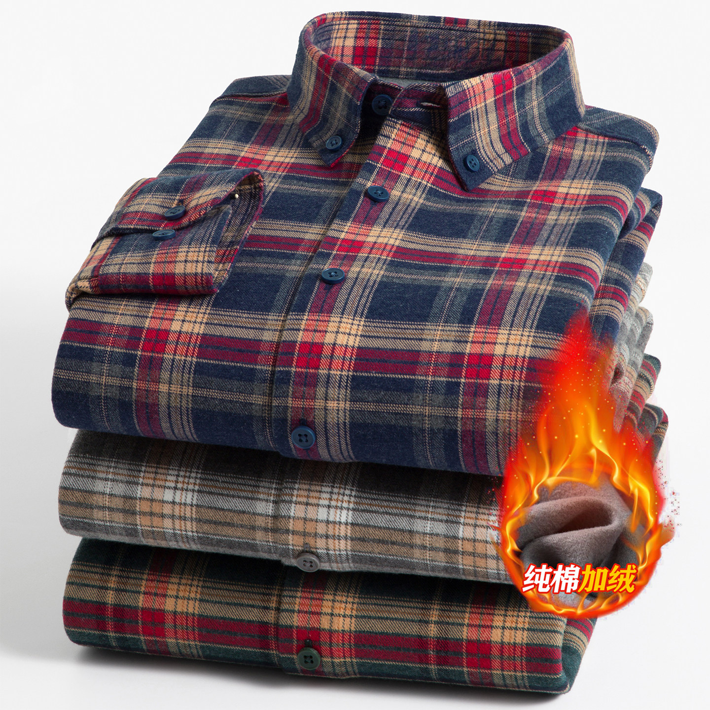 冬季新款纯棉加绒加厚格子衬衫男长袖保暖休闲全棉翻领衬衣爸爸装
