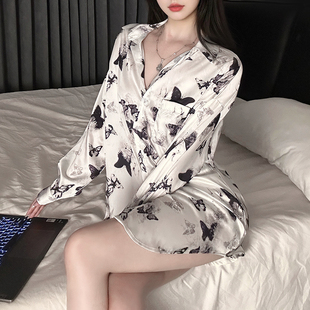 性感蝴蝶印花冰丝睡衣女长袖衬衫领男友风高级感可外穿家居服套装