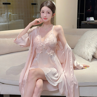 夏季 纯欲蕾丝V领诱惑吊带美背睡裙家居服 新款 性感冰丝睡衣女夏季