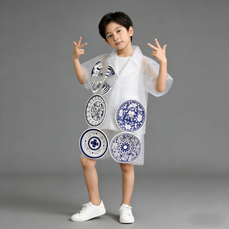 成人环保服装儿童时装秀手工diy创意青花瓷幼儿园亲子走秀衣服