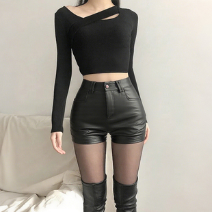 辣妹高腰百搭紧身性感pu皮打底包臀外穿靴裤 黑色皮短裤 女秋冬新款