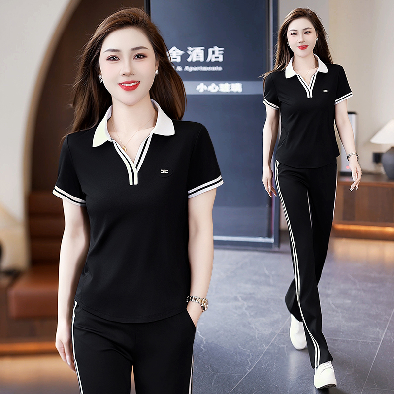 2025夏季新款休闲运动套装女洋气宽松卫衣两件套薄款冰丝翻领短袖