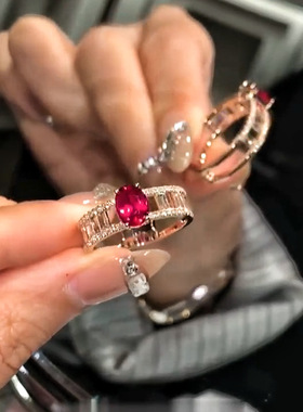 S925银 九儿】红色椭圆培育宝石戒指时尚简约轻奢个性指环女