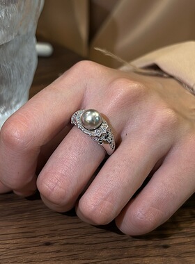 S925纯银雾中花影】黑钻真多麻灰珍珠戒指轻奢老钱风高级感钻戒