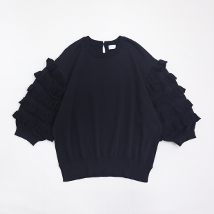 饰宽松版 多层次花边装 型温婉气质针织上衣 衣袖 慕黑色圆领灯笼袖