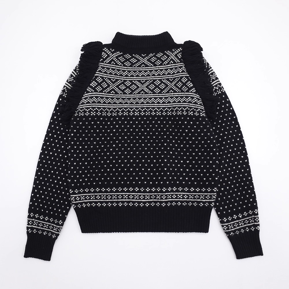 原499 玄黑撞色白色立领粗线编织肩部流苏设计25秋冬羊毛厚实毛衣