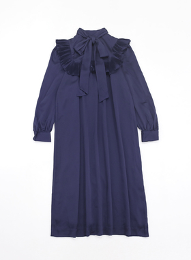 靛蓝色小立领系带设计胸前压褶后背隐形拉链艺术感精致优雅连身裙