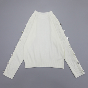 莹白色半高领衣袖 饰开合高弹力编织精致高级感针织上衣 银色纽扣装