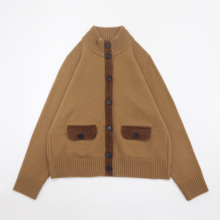 陶土色半高领门襟肘部皮质拼接羊毛羊绒混纺old money风休闲开衫