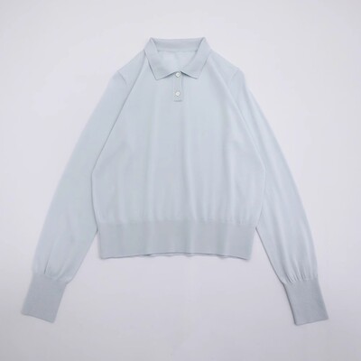 远天蓝POLO领蝶贝扣装饰superfine羊毛混纺24冬薄针织打底上衣