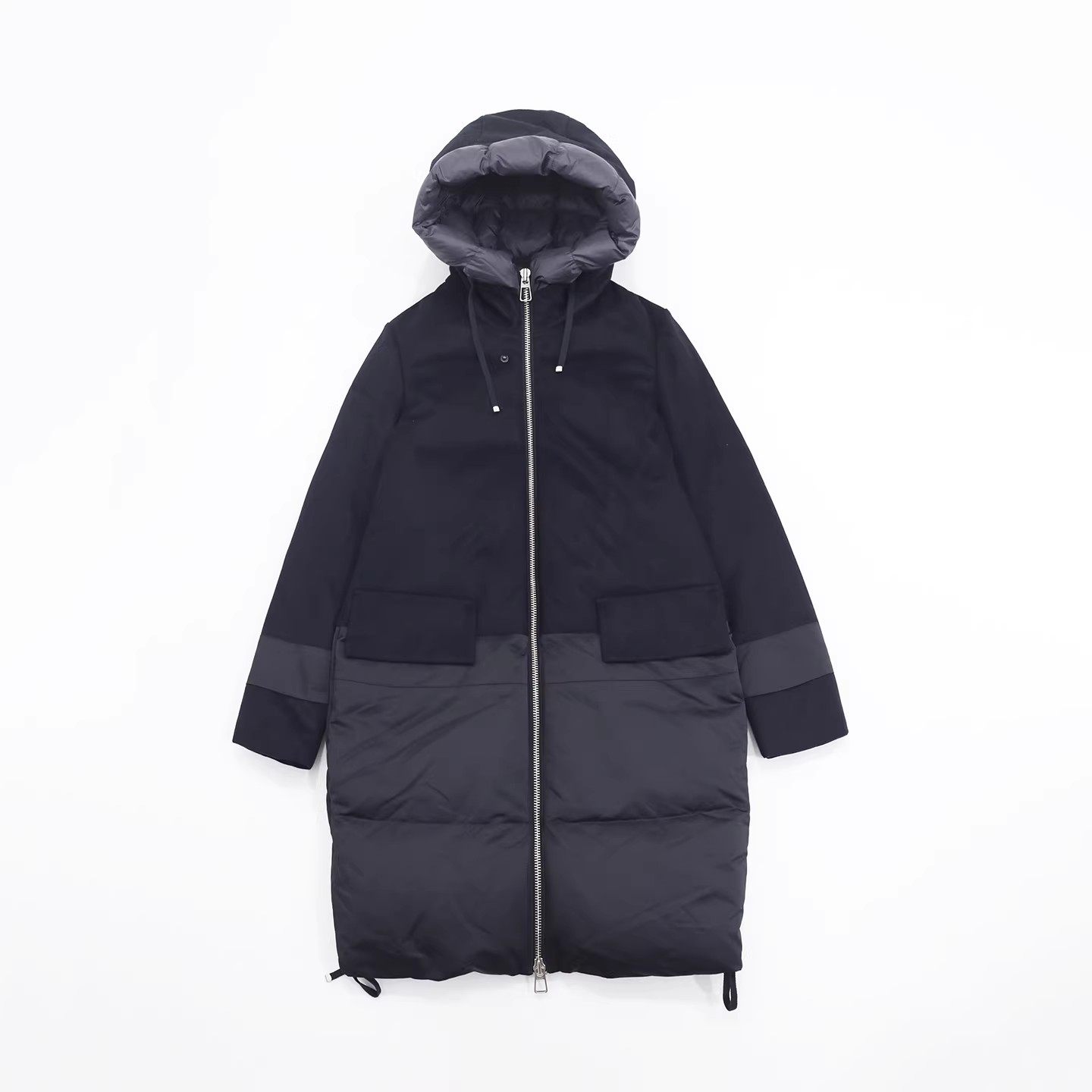 墨黑色客供毛呢拼接下摆抽绳调节双口袋冬季温暖包裹感连帽羽绒服,女装/女士精品,羽绒服,淘宝优惠券,粉丝福利购,淘宝优惠卷