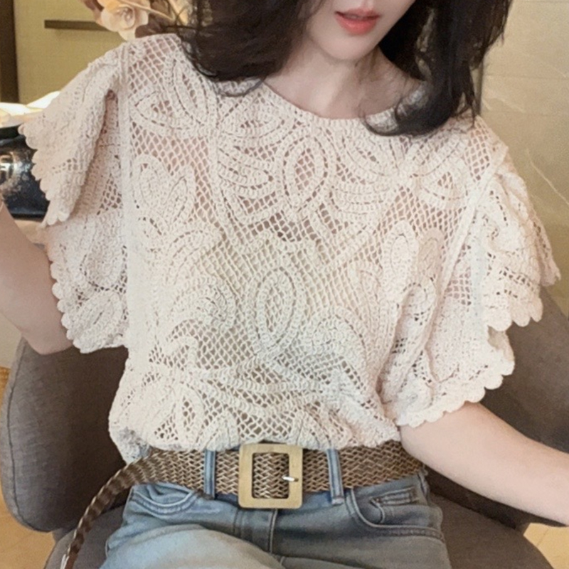 法式小香风蕾丝镂空设计感短袖衬衫女士2025夏季时尚宽松衬衣上衣
