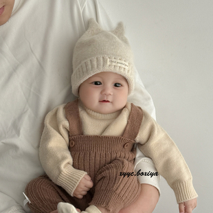 韩版 套头护耳帽小月龄搞怪针织保暖 宝宝帽子秋冬毛线帽男女童冬款