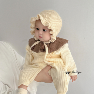 毛线帽小月龄针织花边护耳帽 包头帽女婴儿冬款 宝宝帽子秋冬季 韩版